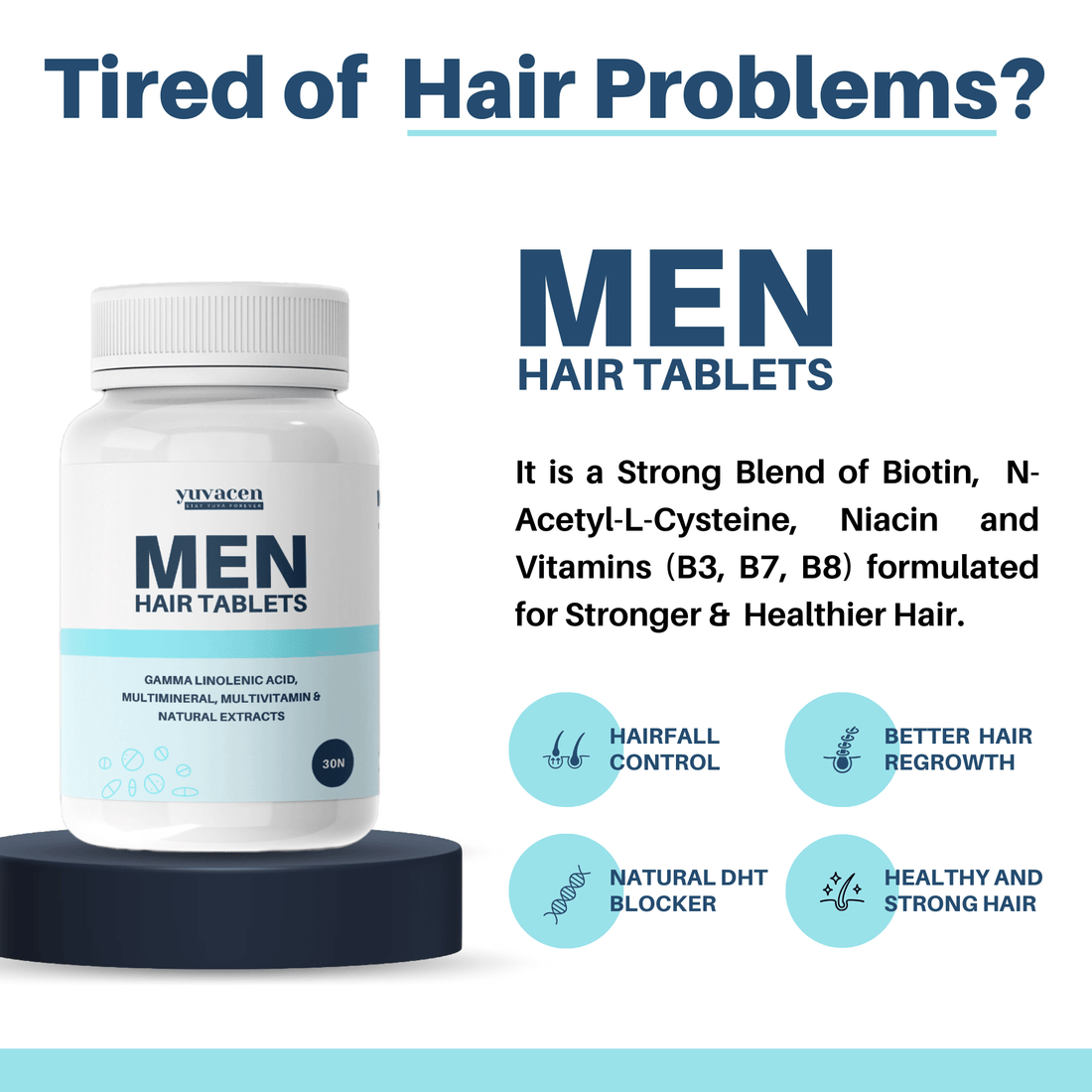 YUVACEN Men Hair Tablets | For Hair Growth, Nourishment & Reduces Hair Fall - Cureayu