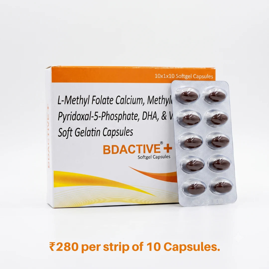BD ACTIVE+® | Vitamin B12, D3, DHA & Folate Capsules | For Nerve & Bone Health