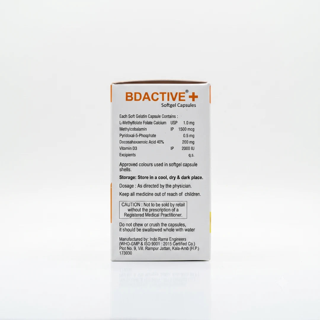 BD ACTIVE+® | Vitamin B12, D3, DHA & Folate Capsules | For Nerve & Bone Health
