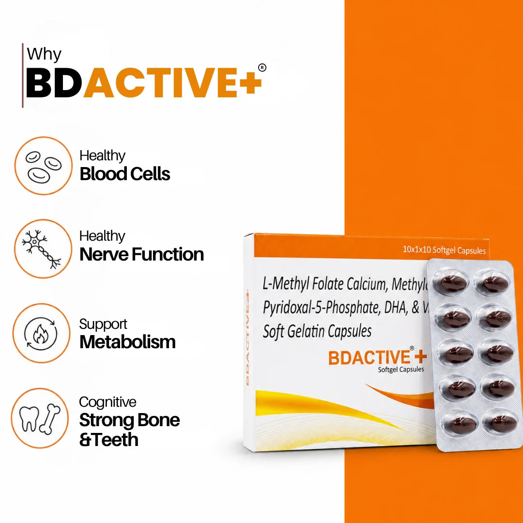 BD ACTIVE+® | Vitamin B12, D3, DHA & Folate Capsules | For Nerve & Bone Health