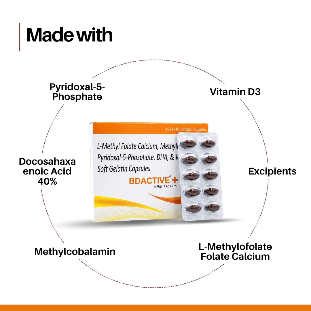 BD ACTIVE+® | Vitamin B12, D3, DHA & Folate Capsules | For Nerve & Bone Health