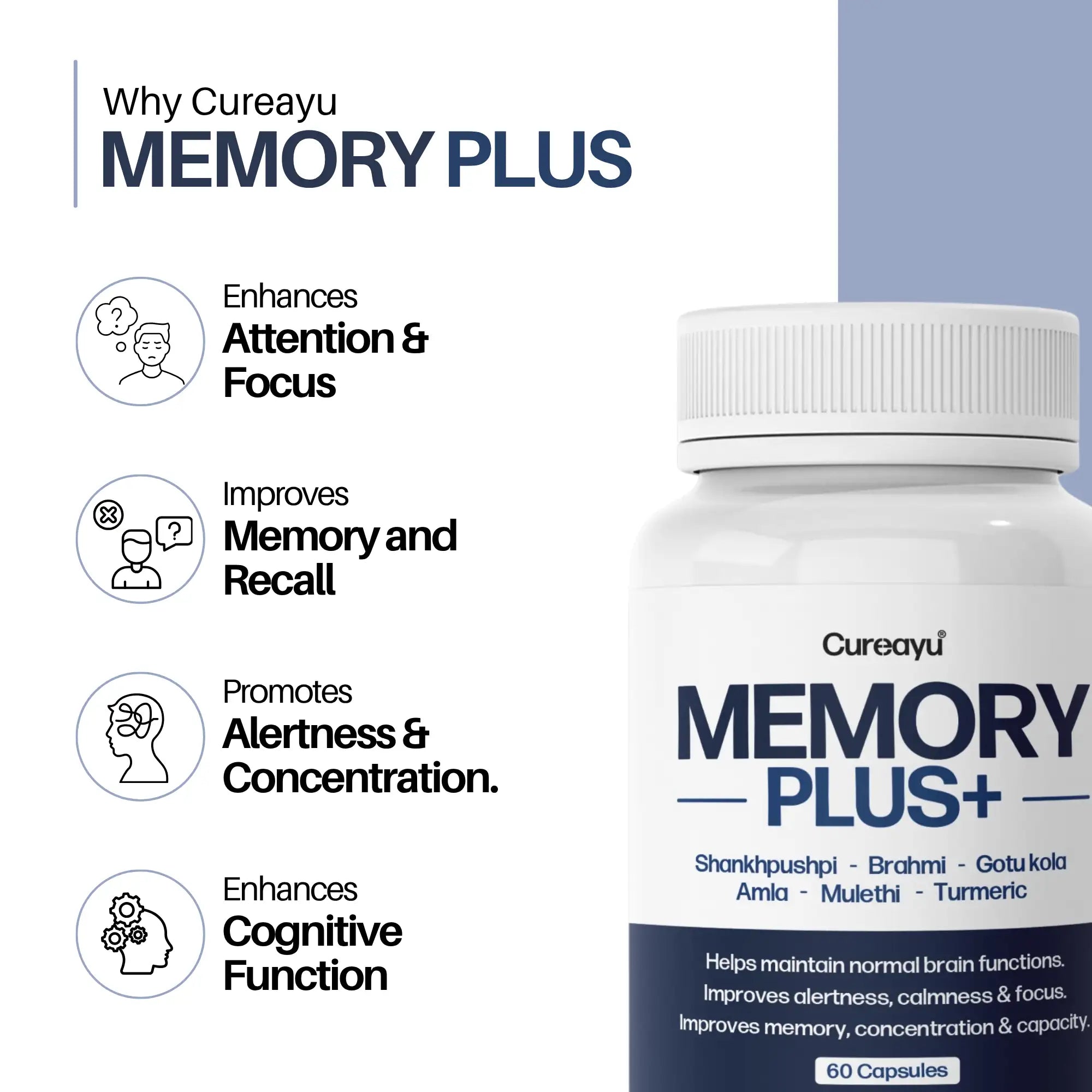 Memory Plus Capsule | Improves Mental Health, Memory, Concentration, Calmness & Learning Abilities - Cureayu
